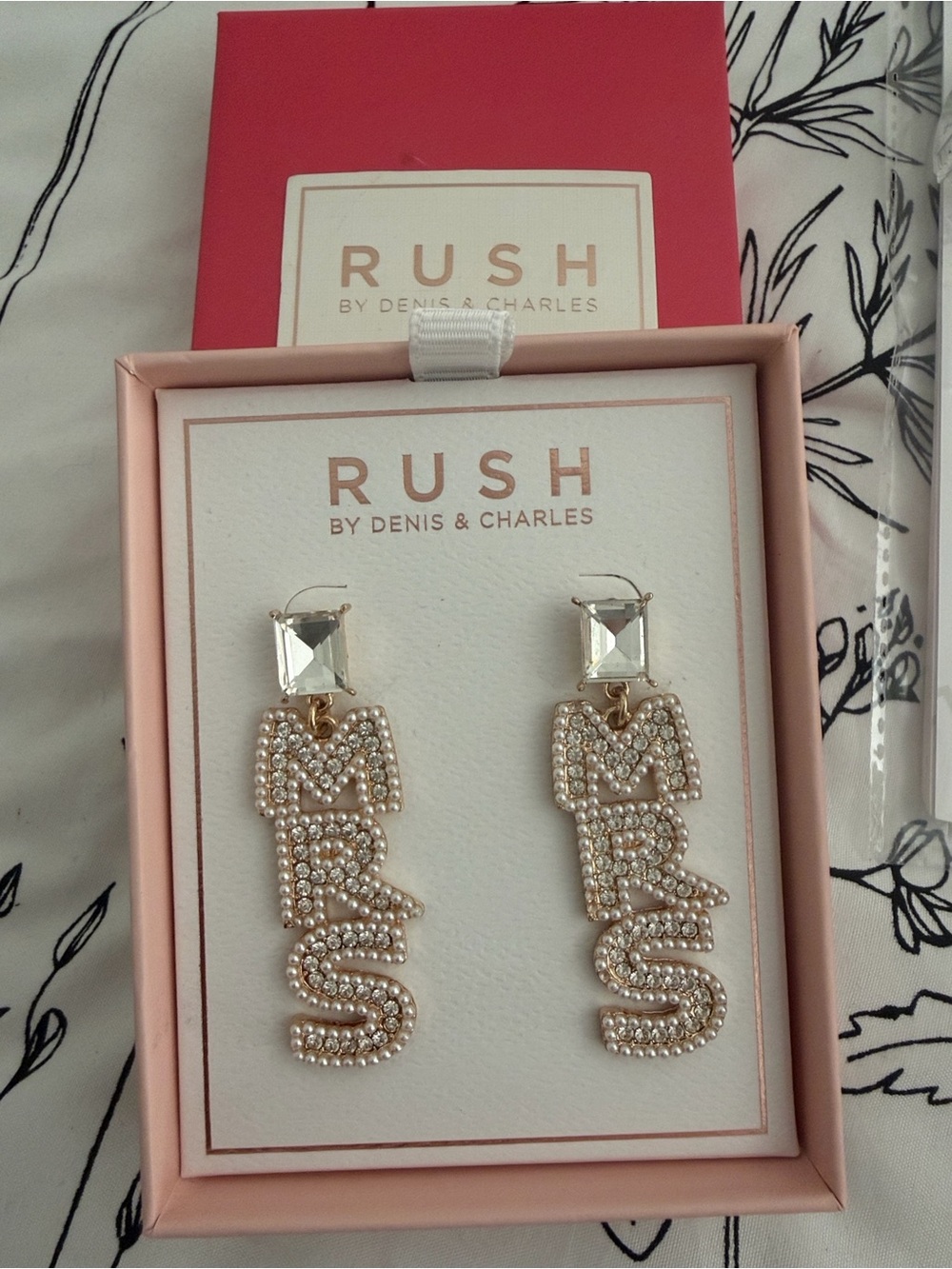RUSH Gold Pearl 'MRS' Drop Earrings - Pearl White
